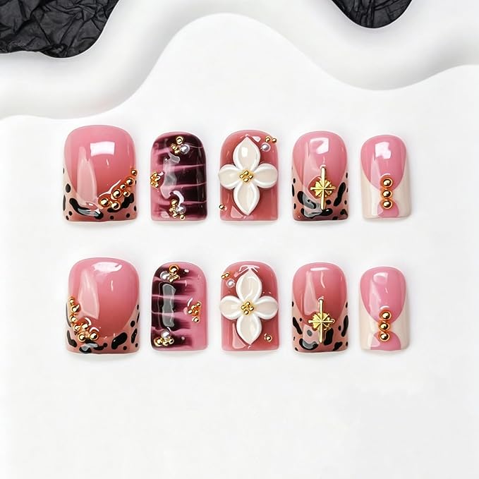 Short Square Press on Nails Handmade 3D White Flower Fake Nails Designs for Luxury Homemade Press on Nail Art Leopard Print French Tip False Nails Thicked Acrylic Nail for Women (M）