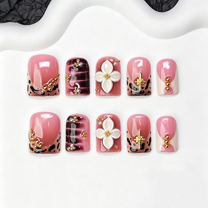 Short Square Press on Nails Handmade 3D White Flower Fake Nails Designs for Luxury Homemade Press on Nail Art Leopard Print French Tip False Nails Thicked Acrylic Nail for Women (S）