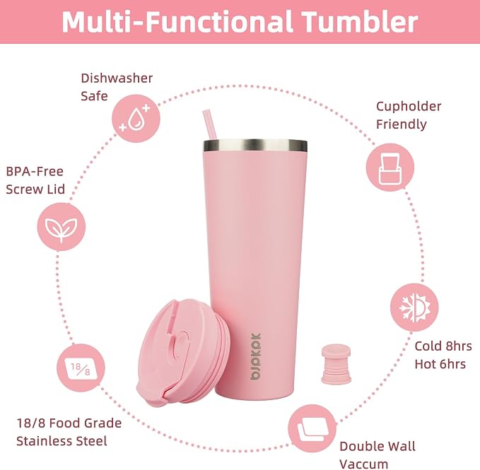 BJPKPK 26 oz Coffee Tumbler with Straw, Insulated Stainless Steel Cup | Double Wall Vacuum, Leak Proof Lid, Keeps Hot/Cold/Iced, BPA Free, Dishwasher Safe, Travel & Outdoor, Light Pink