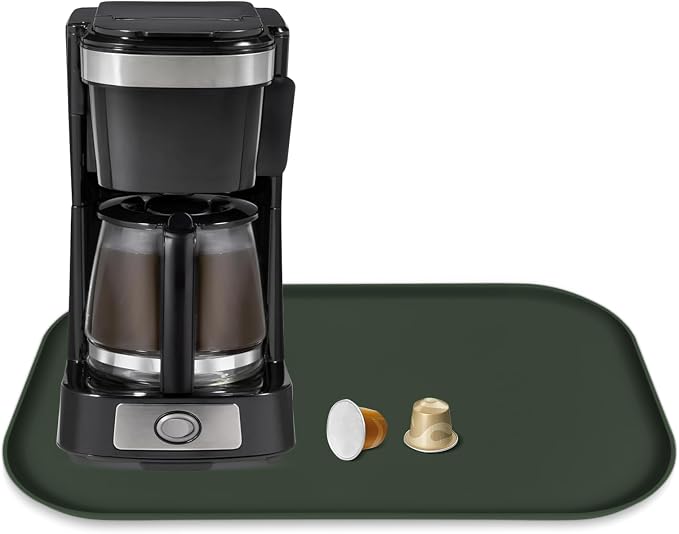 Silicone Coffee Maker Mat with Lip for Countertops 17.4''x10.6'' Dark Green | Multi leak-proof coffee tray for countertop, non-slip silicone mat fits most coffee makers & espresso machines, wipe-clean