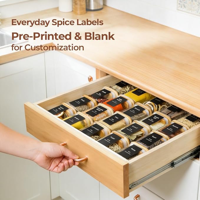 ComSaf Glass Spice Jars with Labels 10 oz 16 Pack Large Square Bamboo Lids | Empty Containers, Seasoning Herbs Powders, Salt Pepper Chili, Spice Rack Organization, Kitchen Cabinet Storage, Dry Goods