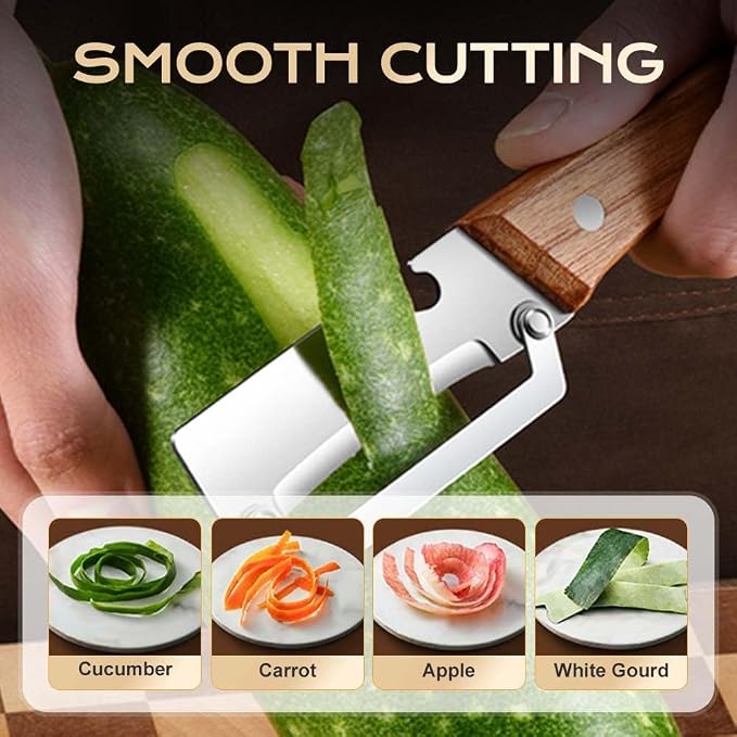 Multi-Functional Vegetable Peeler for Kitchen, 2026 New Stainless Steel Peeler with Wooden Handle and Bottle Opener, Kitchen Tool for Fruit Veggie Pumpkin, Gifts for Mom (2PCS)