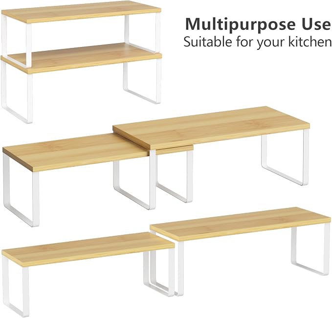 NEX Kitchen Cabinet and Counter Shelf Organizer, Stackable & Expandable, Set of 4, White and Natural - 7.7 x 15.6 x 6.2'' | Stackable Expandable Spice Rack, Space-Saving Pantry Organizers Bathroom Countertop Storage, White and Natural