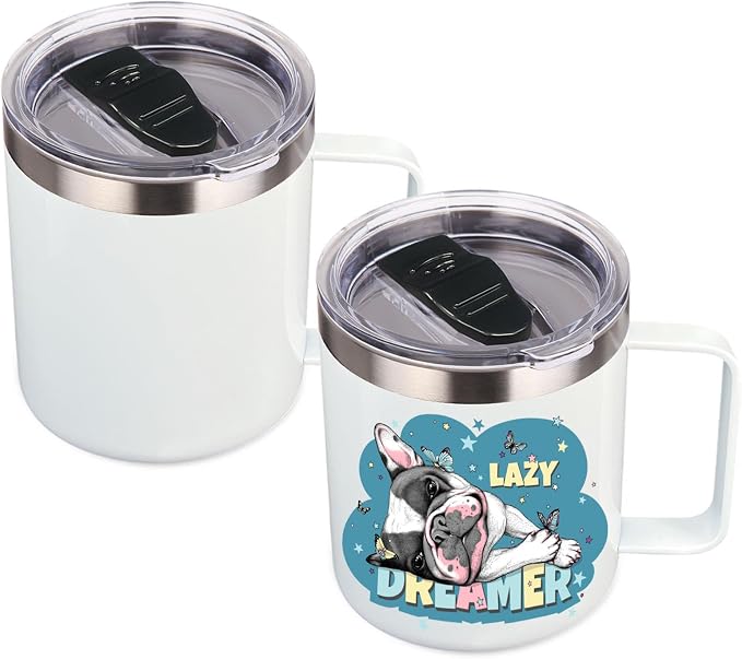 Volhoply 14oz sublimation Insulated Stainless Steel Coffee Mug with Lid Bulk 2 Pack,Double Wall Vacuum Travel Coffee Cup with Handle,Reusable Metal Cups Tumbler,Camping Mugs Keep Hot(Sublimation,2)