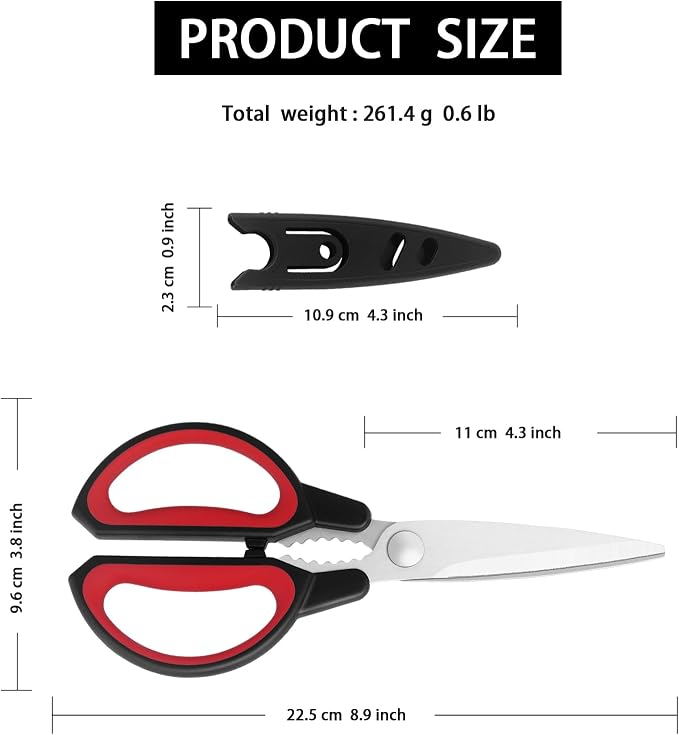 Kitchen Scissors, Multipurpose Kitchen Shears with Cover, Sharp Stainless Steel Blades and Comfort-Grip Handles for Cooking, Food & Packaging, 2-Pack, Black Gray & Black Red