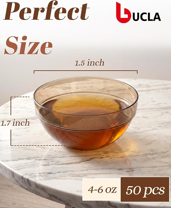 bUCLA 50 Pack Plastic Prep Bowl Sets, 6oz Clear Brown Small Pinch Bowls | Small Bowls for Salt, Spices, Chopped Ingredients, Dipping Sauces, Ice Cream Toppings, Pudding