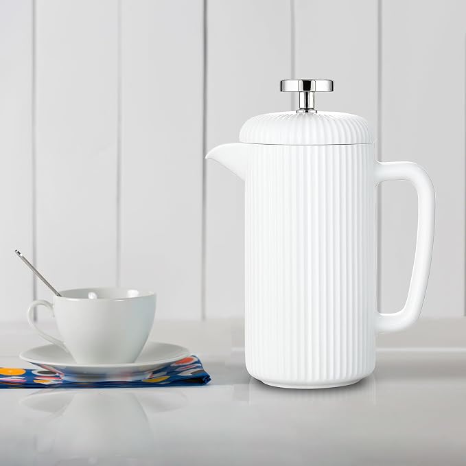 Easyworkz Porcelain French Press 34 fl oz, Coffee Tea Maker with Stainless Steel Plunger 1000 ml, Ivory