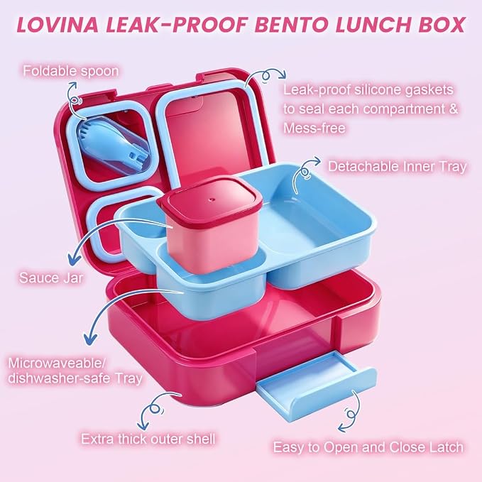 Bento Lunch Box Set For Kids Adult With Thermo Bag, Leak-Proof, BPA-Free | 36OZ Lunch Box Kids Kit, All-in-One Set With DIY Stickers Sauce Cup for Work, School, Camping(Hot Pink)