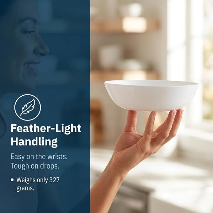 Corelle 4-Pc Meal Bowls Set Service for 4, Durable and Eco-Friendly 9-1/4-Inch Glass Bowls, Compact Stack Bowl Set, Microwave and Dishwasher Safe, White, 46 Ounces