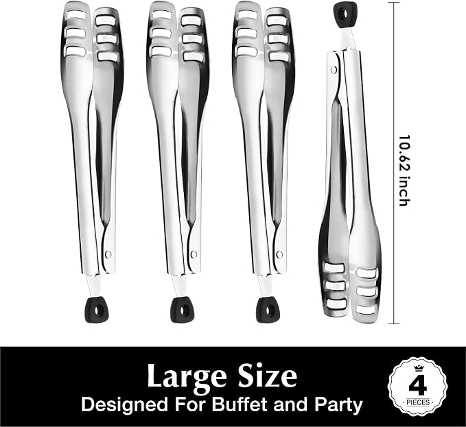 18/10 Stainless Steel Serving Tongs 4 Piece, 10.62 inch | Kitchen Tongs For Serving Food,Buffet, Wedding, Party Catering, Food Salad/Cake/Bread, BBQ with Locking
