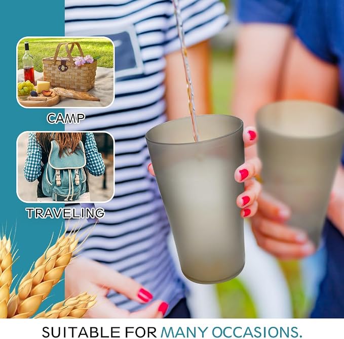 Teivio 32-piece Plastic Wheat Straw Square Dinnerware Set for 8, Unbreakable Dinner Plates, Salad Plates, Snack Bowls, Tumblers 13.5 oz, Dishwasher Safe, Clear Black