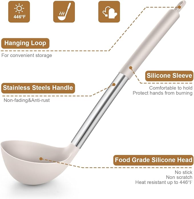 LIANYU 15 Pcs Cooking Utensils Set, Silicone Kitchen Tools with Holder | Heat Resistant, Kitchen Gadgets with Stainless Steel Handle, Brush Spatula Spoon Whisk for Cookware, Dishwasher Safe, Khaki