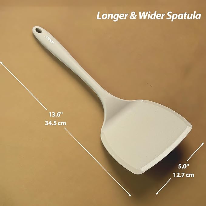 Silicone Pancake Spatula Turner with Lengthened Handle& Seamless Design, Heat Resistant Cooking Spatulas for Nonstick Cookware, Large Flexible Kitchen Utensils, Flipper for Egg, Pancake, Burger, Khaki