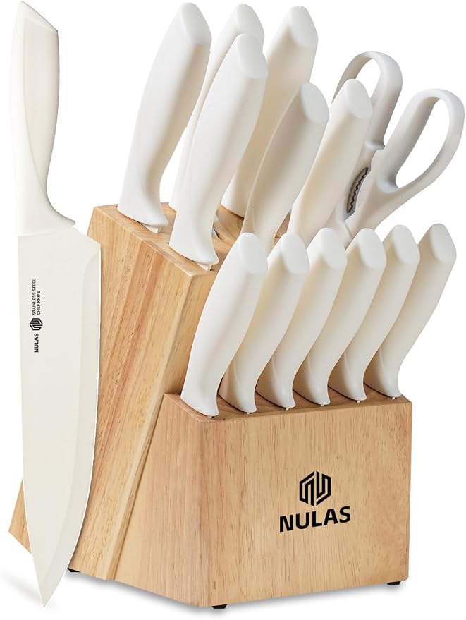 15-Piece Kitchen Knife Set with Block and Built-In Sharpener, Cream | High-carbon stainless steel blades, nonstick coating, ergonomic handles and dishwasher-safe care