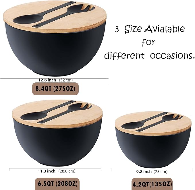 11.3" Extra Large Salad Bowl with Wooden Lid & Servers, 208Oz, Oversized Bamboo Fiber Salad Serving Set with Utensils for Home/Kitchen, Big Lightweight Bowl for Mixing Salad,Fruit,Pasta - Matte Black
