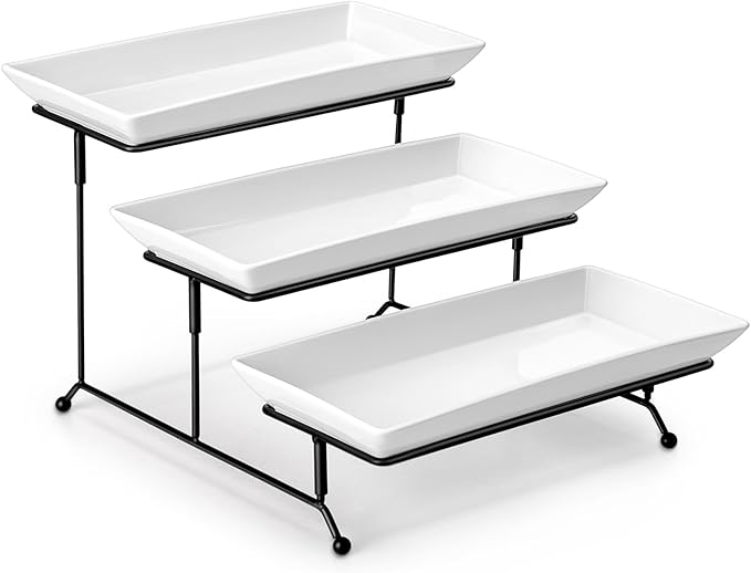 MALACASA 3 Tier Serving Trays for Party, Porcelain Serving Platters and Trays, 12 Inch Tiered Tray Stand, Fruit Tray, Trays for Serving Food, White Dessert Stand with Collapsible Sturdier Metal Rack | Tiered Serving Stand for Party, Fruit Tray, Trays f...