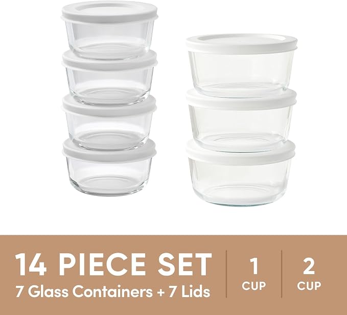 14-Piece Glass Food Storage Containers Set (7 Containers + 7 BPA-Free Lids) | 1-Cup & 2-Cup, Leakproof | Microwave, Freezer, Oven & Dishwasher Safe | Ideal for Meal Prep & Pantry Organization, White