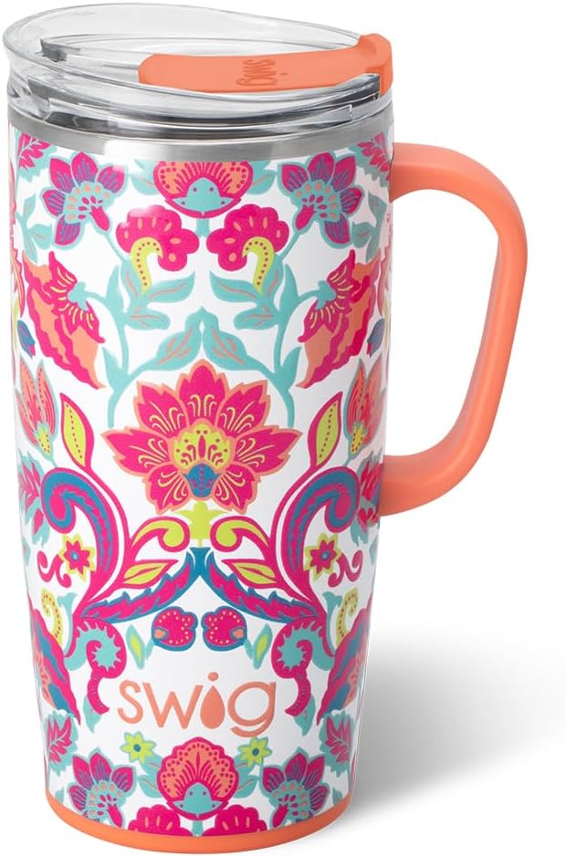 Swig Life 22oz Insulated Travel Mug with Handle & Lid, Flourish | Triple Insulated Stainless Steel - Handle & Lid Included - Keeps Coffee Hot or Cold - Cup Holder Friendly