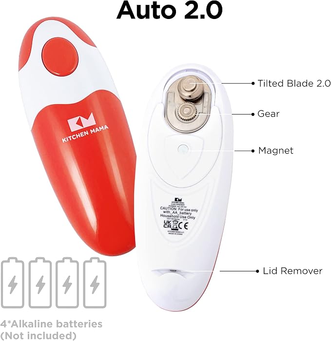 Kitchen Mama Auto 2.0 Electric Can Opener, Red | Refined Blade, Automatic Hands Free, Smooth Edge, Food-Safe, Battery Operated