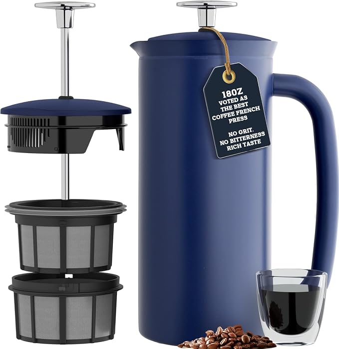 ESPRO P7 French Press, 18oz, Aegean Blue, Stainless Steel Coffee Maker | Double Filter Coffee Press, Grit-Free Coffee, Heat Resistant Insulated tea Press, Easy Hot and Cold Coffee Brewer, Tea Brewer