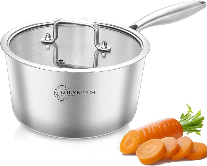 LOLYKITCH Tri-Ply Stainless Steel 2.5 QT Saucepan with Lid | Dia.18CM | Induction Cooking Sauce Pot | Oven and Dishwasher Safe | Detachable Handle