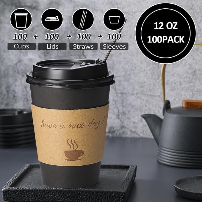 BYSNOW 100 pack 12 oz Disposable Coffee Cups with Lids Thickened Hot Cups | Scald Resistant Hot Cups with Sleeve and Stirring Sticks, To Go Coffee Cups for Home, Office, Cafes and Party (Black 12oz)