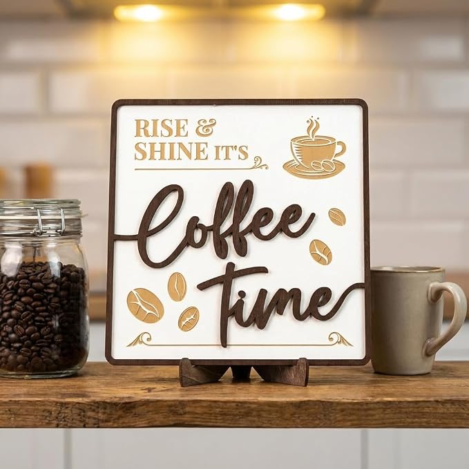 Vintage Coffee Sign Decor, 7 in Wood Cafe Sign for Kitchen Bar | 1 wood sign 7 in square, its coffee time design, coffee bar and cafe station decor, lover gift