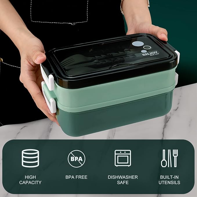 2-Tier Bento Lunch Box for Women & Adults with Insulated Lunch Bag | 50 OZ Large Capacity Bento Box with BPA-Free Utensils & Cup & Sauce Container, Leakproof, Microwave Safe for Work & Meal Prep