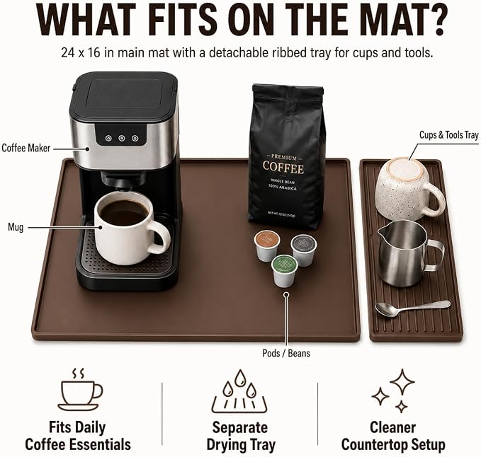 Silicone Coffee Mat 24 x 16 in with Tray, Classic Coffee Brown | Coffee bar mat for countertop use, coffee station mat or coffee machine mat with removable tray and 0.47 in raised rim.