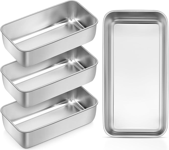 Leonyo Non-Toxic 9x5IN Stainless Steel Loaf Pan for Baking Bread, 4 Pack | Metal Sandwich Bread Loaf Pans, Bread Pan Tins for Homemade Meatloaf Cakes Brownies Lasagnas, Dishwasher Oven Safe