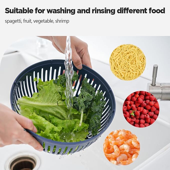 Stainless Steel Salad Spinner, 5.3 Qt Lettuce Spinner with Non-Slip Base, Drain and Stop Button, Fruit and Vegetable Washer and Dryer Spinner, Blue