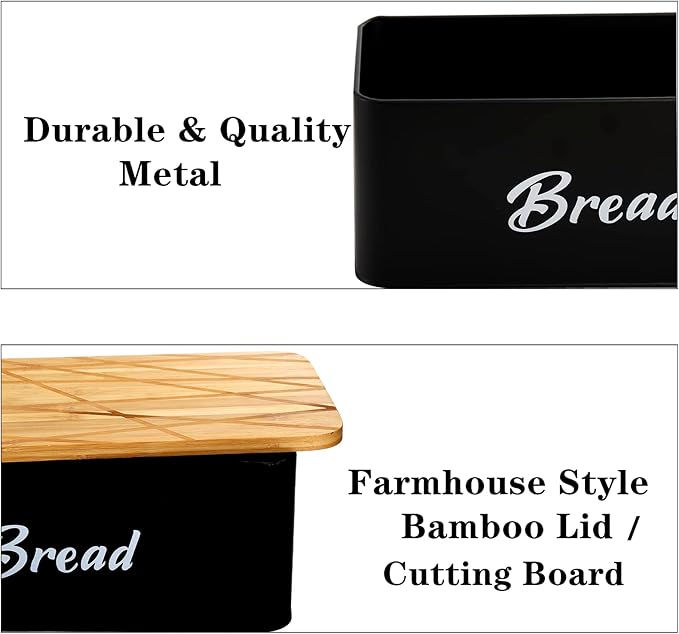 Lyellfe Farmhouse Metal Bread Box, Cutting Board Lid | Black Vintage Bread Storage Container Keeper Bin for Kitchen Countertop, Pantry, Freezer, Keep Fresh