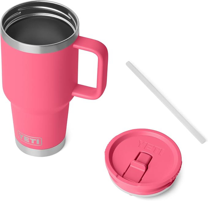 YETI Rambler 30 oz Travel Mug with Flip Straw Lid – Stainless Steel, Vacuum Insulated, Leakproof, Cup Holder Friendly, Tropical Pink