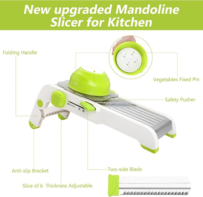 Mandoline Slicer for Kitchen, Adjustable Vegetable Potato Slicer | Stainless Steel Safe Mandolin Veggie Fruit Cutter with Food Holder, for Onion Cucumber Tomato Carrot, Green
