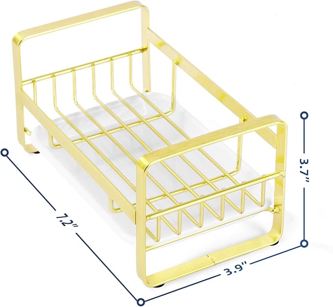 HULISEN Kitchen Sink Sponge Holder, 304 Stainless Steel Kitchen Soap Dispenser Organizer, Countertop Drainer with Removable Tray, not Including Dispenser and Brush, Gold | Removable Drain Tray, Holds Sponges Soap Bottles Brushes, Countertop Storage, No...