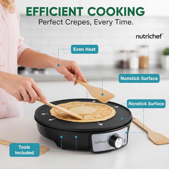 Nutrichef Electric Crepe Maker Pan & Griddle | 12 Inch Nonstick Cooktop | LED Indicators & Adjustable Temperature Control | Includes Spatula, Batter Spreader | Cooks Crepes, Roti & Pancakes