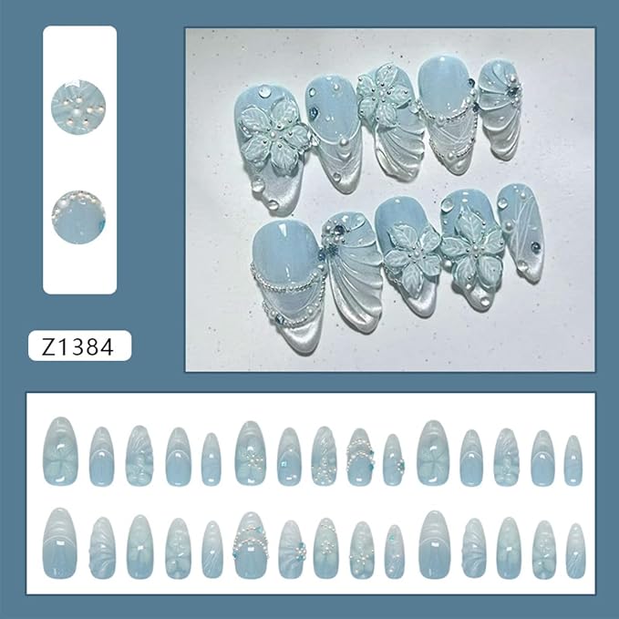 30Pcs Blue Flower Press On Nails Medium Almond False Nails Glitter Blue Cat Eye Fake Nails with 3D Flower Pearl Rhinestone Design Reusable Acrylic Nails Summer Beach Glue On Nails for Women Manicure