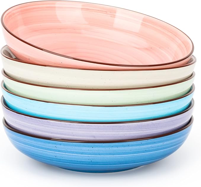 KitchenTour Ceramic Pasta Bowls, 26 oz Salad Serving Plate Bowls, Set of 6 | Wide and Shallow Porcelain Dinner Soup Bowl Plates, 8 Inch, Dishwasher and Microwave Safe, Pastel Swirl