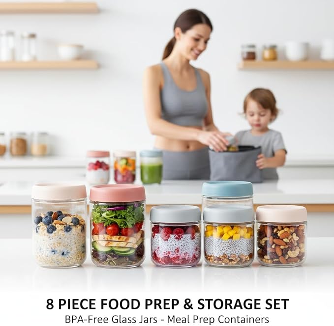 Glass Meal Prep Jar Set, 8 Pack Overnight Oats Containers with Lids | Food Storage for Snacks, Yogurt, Spice, Salad, Chia Seed Pudding Jars, Wide Mouth Mason Jars with Airtight Lids, 16oz 10oz