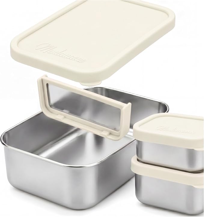 Stainless Steel Lunch Box Containers, 27 OZ + 9 OZ Set, Stainless Steel Bento Box, Metal Lunch Box, Sandwich & Snack Containers, Leak Proof SIlicone Lids,Small Vanilla - 1 * 27OZ + 2 * 9 OZ