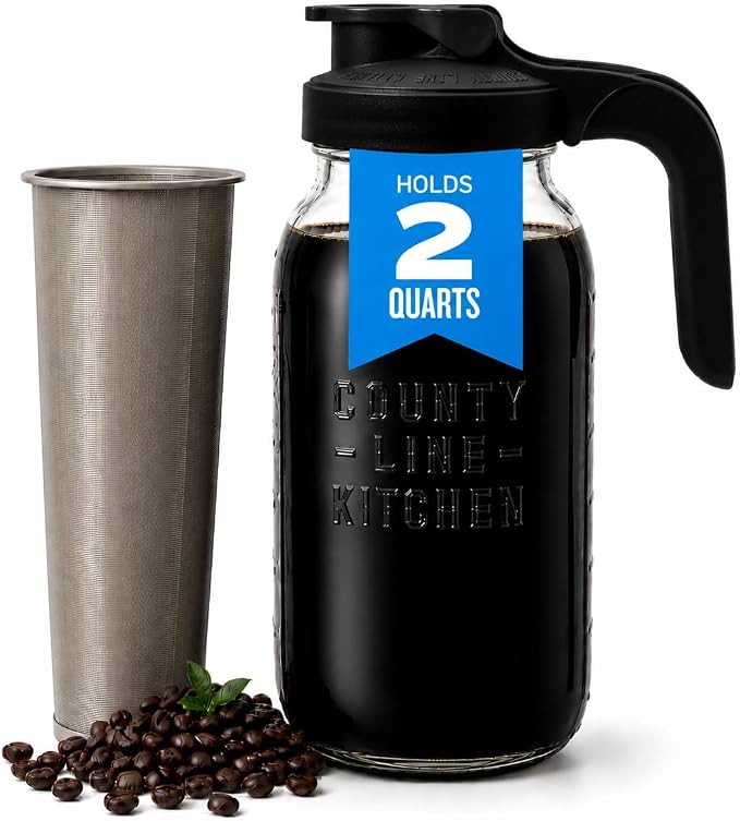 County Line Kitchen 64oz Cold Brew Coffee Maker with Leak Proof Lid - Black | Glass Cold Brew Coffee Maker - Wide Mouth Mason Jar, Stainless Steel Filter & Leak-Proof Lid (64 oz)