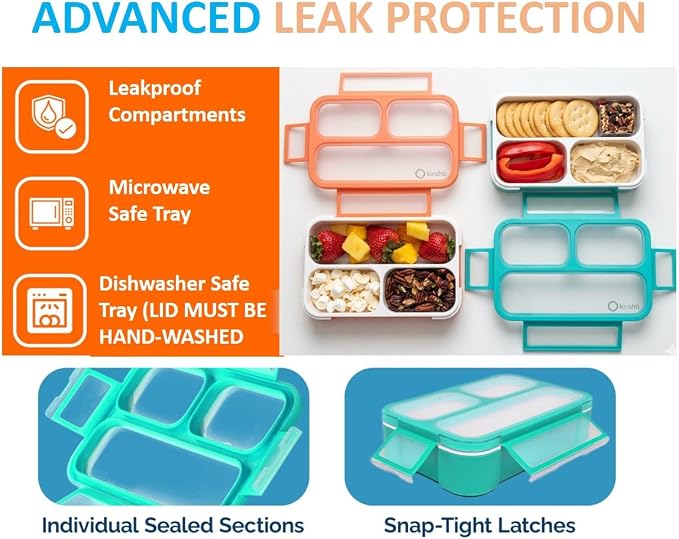 kinsho Small Snack Box Container for Kids Toddlers, Set of 2 (Coral+Blue) | 3 Compartments, Leak-Proof, Spill Proof, BPA-Free Reusable Small Mini Bento Lunch Box for Daycare School Travel, Holds 2 Cups