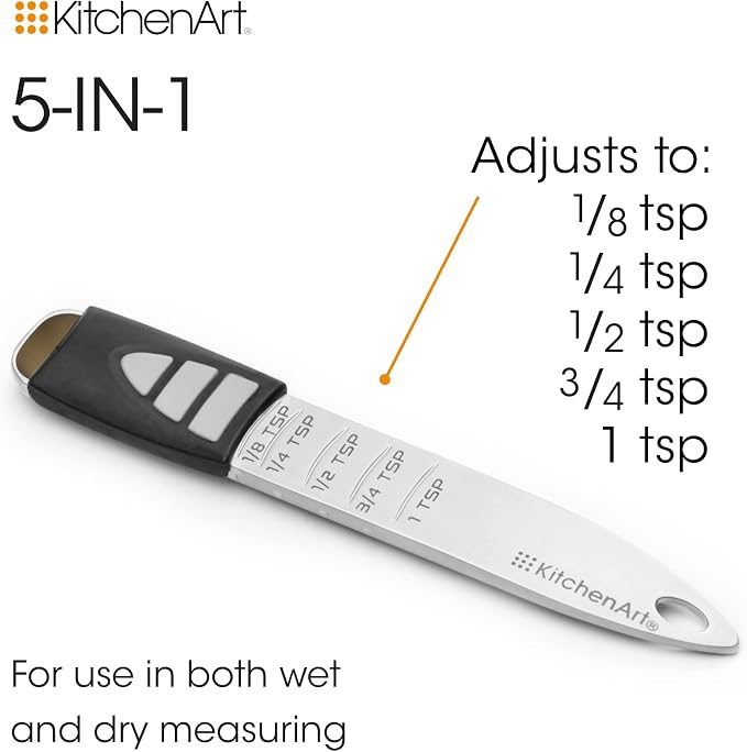 KitchenArt Pro Adjust-A-Teaspoon, Stainless Steel Measuring Spoon, Silver | Measures Between 1/8 TSP to 1 TSP | Cooking & Baking Essential | Slide To Change Measurments | Adjustable Measuring Spoon