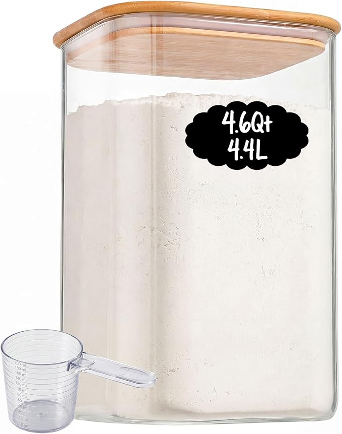 4.6Qt Large Glass Flour Sugar Storage Containers with Bamboo Lids | Wide Mouth Design, With Measuring Cup, Minimalist Kitchen Organizer,Scandinavian Style Storage,Nordic Style Storage