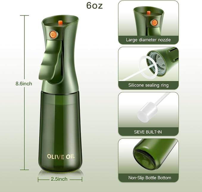 Glass Olive Oil Sprayer for Cooking 7.6 oz (Olive Green Bottle) | Oil Mister, Kitchen Refillable Continuous Oil Spray Bottle for Air Fryer, Portion Control, Leak Proof