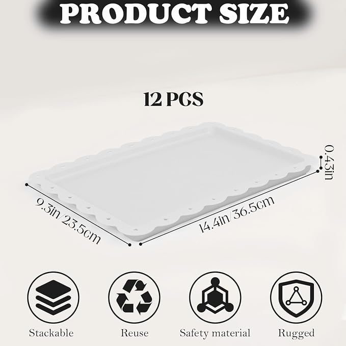 Food Tray, 12 Pack Serving Tray Serving Platter Cookies Dessert Plates,Disposable Plastic Serving Trays Rectangle Dessert Trays for Party, Wedding, Restaurant, 14.4" X 9.3" (White)