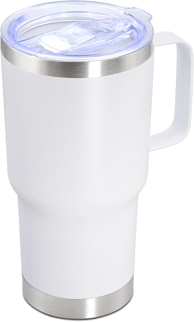 20 oz Tumbler with Handle Coffee Tumblers with Lid Travel Mug White 1P | 20oz Tumblers with Handle Double-Wall Insulated Vacuum Coffee Mugs Stainless Steel Tumbler with Handles&Lid White 1P