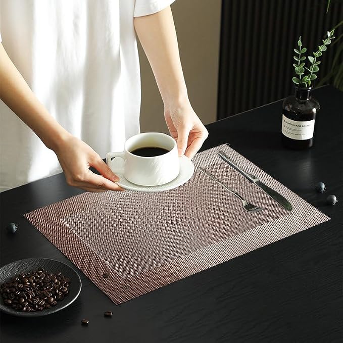 Vinyl Placemats Heat-Resistant Table Mats Washable Easy Clean Plastic Placemat for Kitchen Dining Table Set of 6 Indoor Outdoor (Champagne)