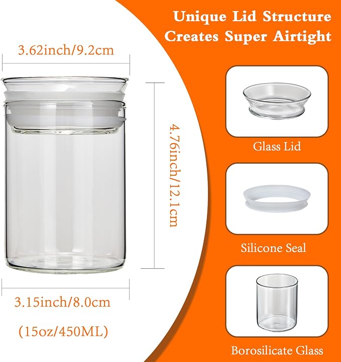 ZENS 15oz Airtight Glass Jars Set of 3, Small Food Container Spice Jars | Thick Borosilicate Clear Glass Kitchen Canisters with Airtight Lids for Herbs, Loose Tea Storage Jars