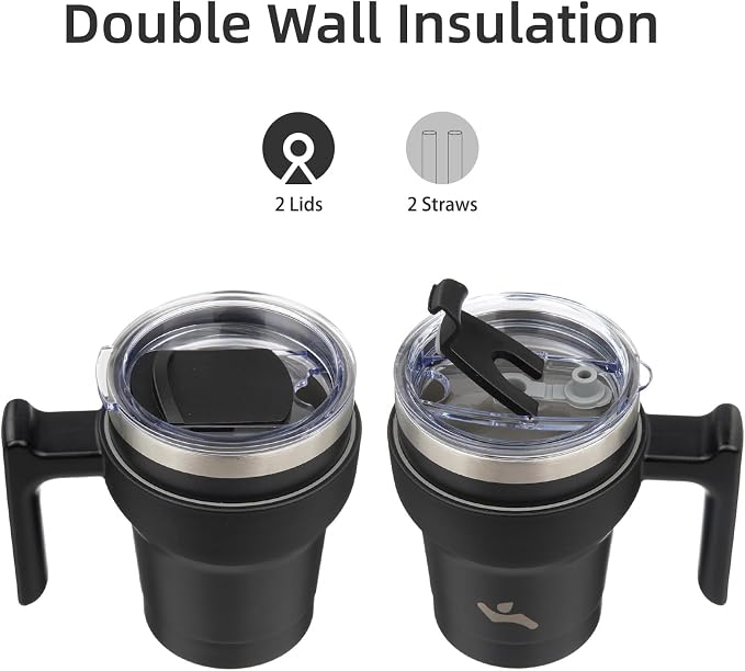 Konokyo 10 oz Tumbler with Handle and Straw, Insulated Travel Mug | Black; BPA-free, leak-proof tumbler with 2 lids, 2 straws, cup holder fit for coffee, office, travel & daily use